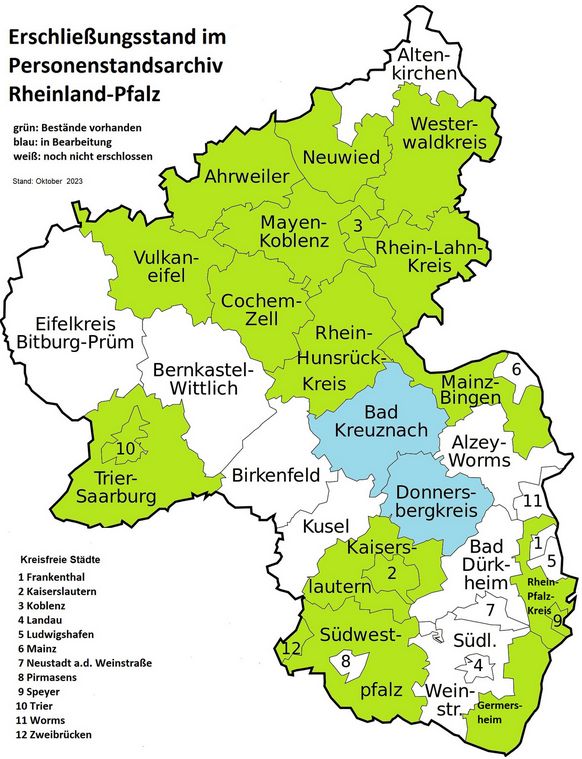 Erschließungsstand von Personenstandsurkunden im Landesarchiv Rheinland-Pfalz