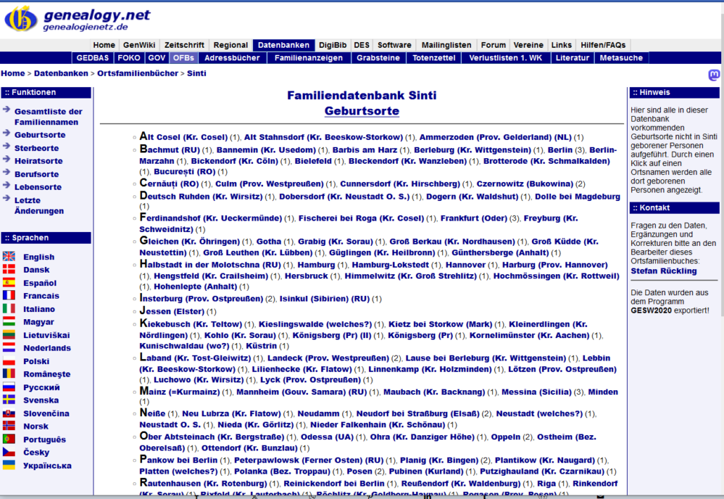 Familiendatenbank Sinti - Geburtsorte als genealogische Quelle und zum Gedenken an den Völkermord