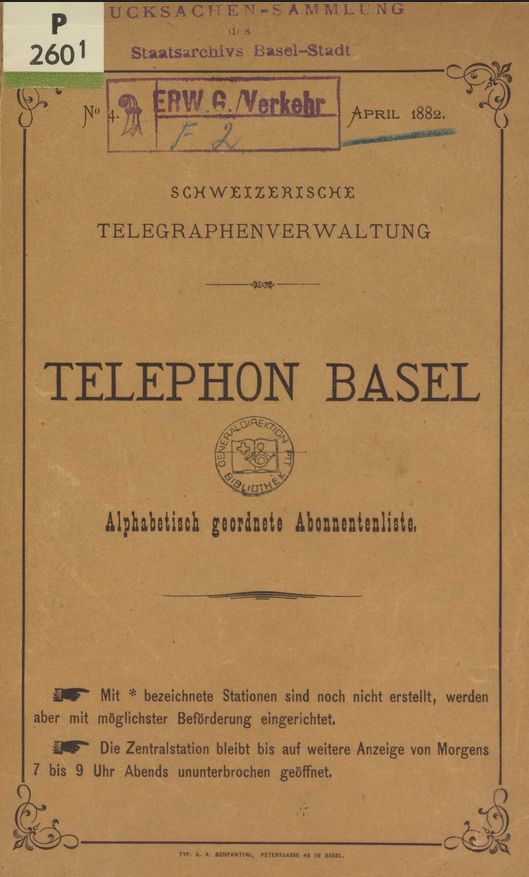 Historisches Telefonbuch 1882 von Basel/Schweiz