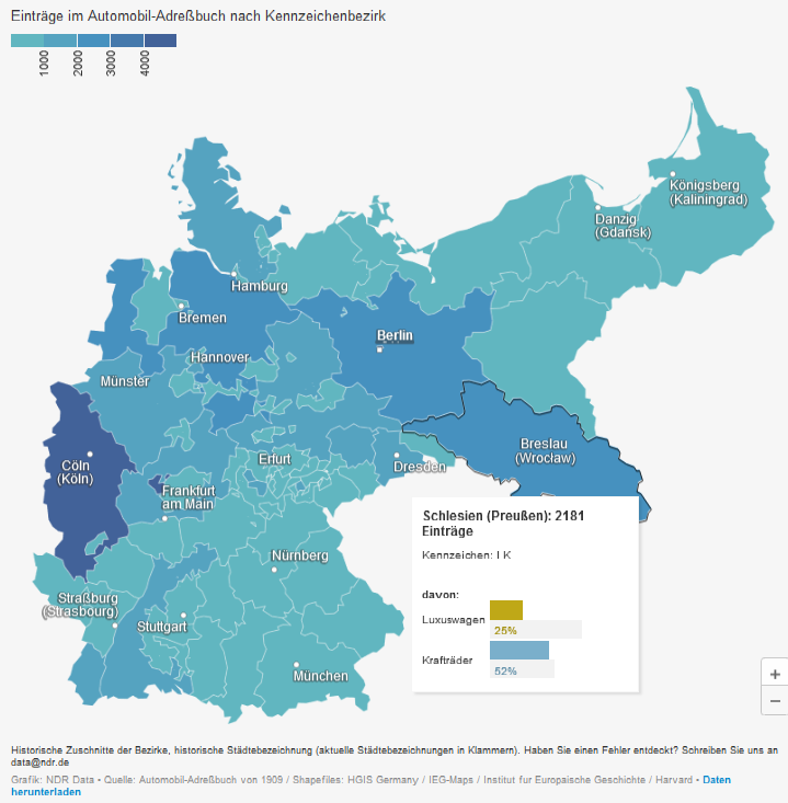Verteilung der Kraftfahrzeuge  im „Deutschen Automobil-Adreßbuch“ von 1909