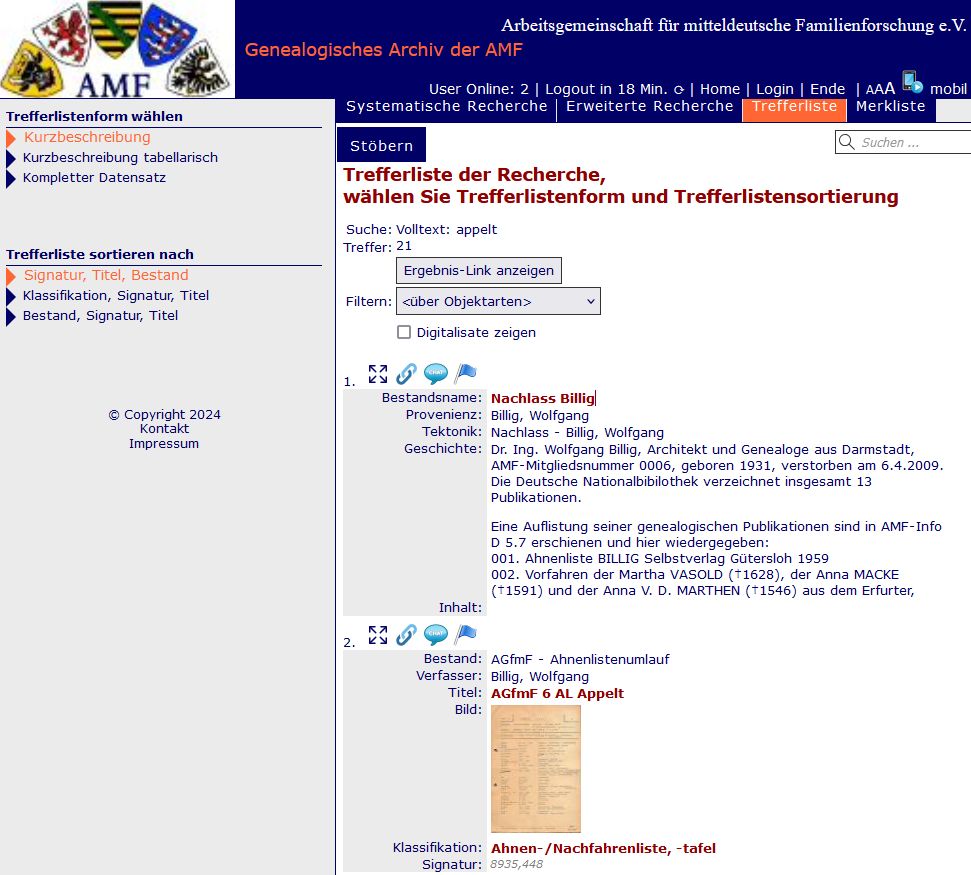 Suche in der freigeschalteten Archivdatenbank der AMF 