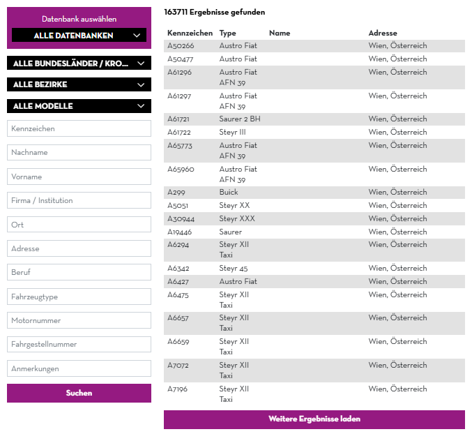 Suchmaske der historischen Kfz-Datenbanken aus Österreich des Technischen Museums Wien.