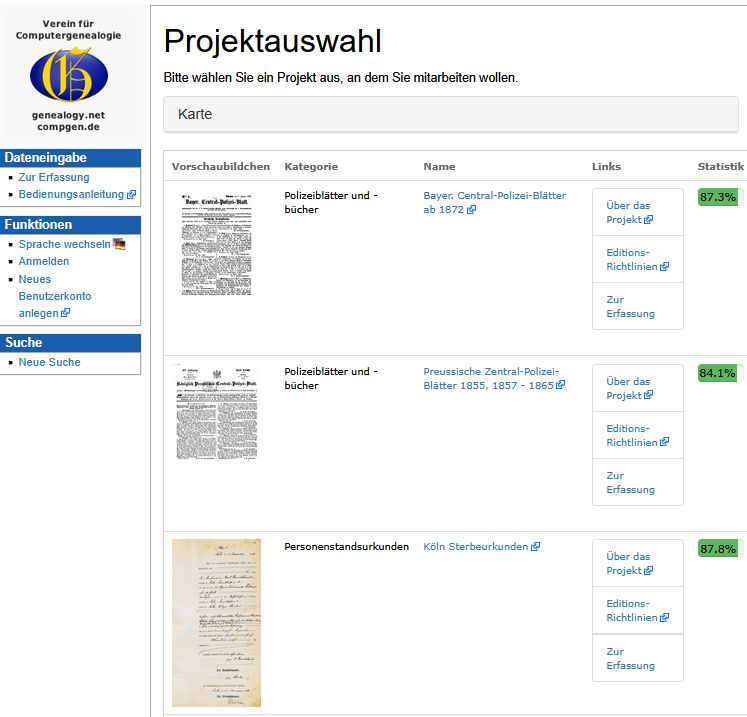 Laufende Adressbuch- und andere DES-Projekte mit Bearbeitungsstand